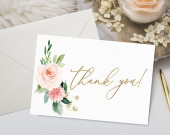 Thank You Card, Printable, Foldable Card, Dusty Blush Rustic Floral, Thanks Card, Tent Card, BG25