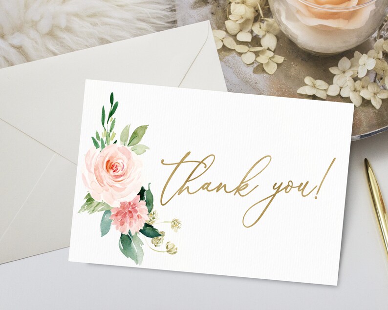Dusty Blush Rustic Floral Thank You Card BG25 Thanks Card Tent Card Foldable Card Printable