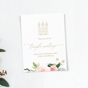 Cartão de inserção de selagem do templo LDS, convite de casamento LDS, para impressão, modelo editável Corjl, selagem LDS, floral rústico empoeirado e blush, BG25
