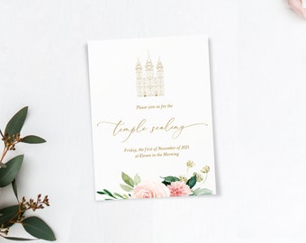 LDS Temple Sealing Insert Card, LDS Wedding Invitation, Printable, Editable Template Corjl, LDS Sealing, Dusty Blush Rustic Floral, BG25