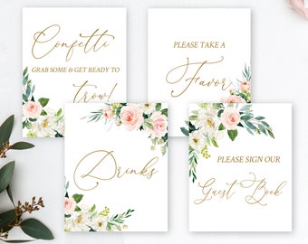 Wedding Signs Set Printable, Wedding Signage, Editable Template, Rustic Blush Floral Gold, Dusty Rose, Kit, Reception Signs, BG25