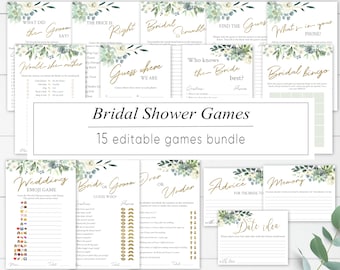 Bridal Shower Games, Bridal Games Bundle, Wedding Party Games Printable, Succulents Greenery Gold, Set, Kit, Bridal Shower Game, BSG42