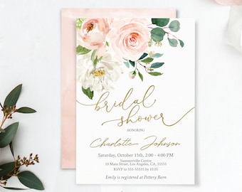 Bridal Shower Invitation, Printable Template, Bridal Shower Invite, Dusty Rose Blush Gold Floral, Gold Calligraphy, BG25