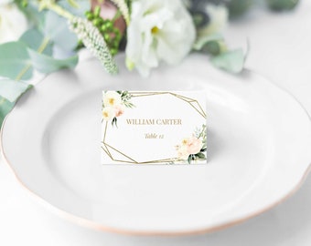 Wedding Place Cards, Wedding Name Card, Blush Cream Floral Watercolor, Geometric Gold, Editable Seating Card Template, BC02