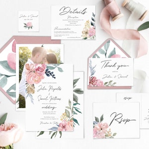 Paquete de invitación de boda malva, plantilla editable imprimible Corjl, kit de conjunto, floral de acuarela desnuda verde, con foto, boda SUD, MN12 imagen 1