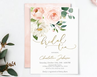 Invitación a la ducha de té nupcial, plantilla imprimible Corjl, invitación a la ducha, floral dorado rubor rosa polvoriento, caligrafía dorada, fiesta de té nupcial BG25