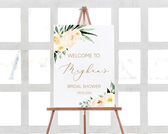 Bridal Shower Welcome Sign, Printable Bridal Sign, Blush Cream Ivory Floral, Gold Calligraphy, Party Sign, Editable Template Corjl, BC02