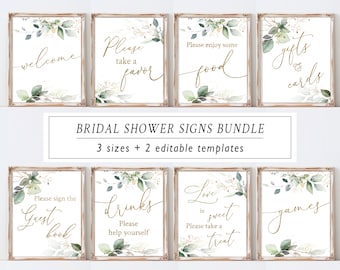 Greenery Bridal Shower Signs Set, Printable Bundle, Bridal Signage, Eucalyptus Leaves Foliage, Wedding Signage, Editable Template, EG12
