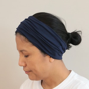 Navy Blue Wide Headband, Dark Blue Wide Head-wrap, Jersey Cotton Stretchy Workout Bandana, Yoga Turban, Running Headband, Blue Hair-band