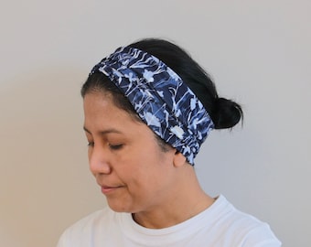 Floral blue wide headband for women, Light-weight Jersey Cotton Wide Head- wrap, Adult Yoga Wide Head- cover, Running Headband, Women Gift