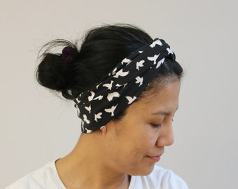 Birds Twist Headband For Women, Birds Black Twist Headwrap, Jersey Cotton Twisted Headband, Hippie Twist Headband, Bohemian Headband