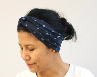 Stars Navy Twist Headband For Women, Stars Blue Twist Headwrap, Jersey Cotton Twisted Headband, Hippie Twist Headband, Bohemian Headband