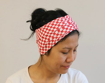 Check Wide Headband, Red Check Wide Headwrap, Check Wide Headcover, Yoga Headband, Cotton Headband, Check Hippie Headband, Red Check Cotton