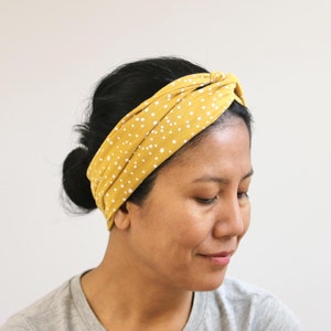 Organic Twist Front Headband for Women - Ocher Yellow Print Knotted Head Wrap - Stretchy Jersey Cotton Adult Hair Wrap - Everyday Hair Cover
