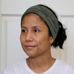 Breites Stirnband für Frauen, olivgrünes Stirnband, olivgrünes dehnbares Jersey-Stirnband, olivgrünes Kopftuch für Frauen, breites Bandana, Haarband Bild 5