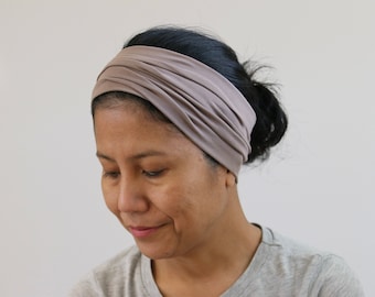 Taupe Wide Headbands For Women, Taupe Headbands, Wide Yoga Headband, Workout Headband, Turban Headband, Stretchy Headband Bandana