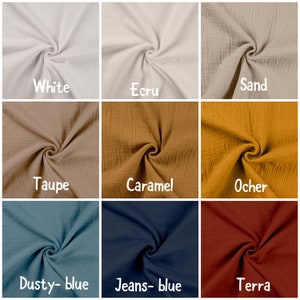 May include: Nine fabric swatches in different colors, including white, ecru, sand, taupe, caramel, ocher, dusty blue, jeans blue, and terra.