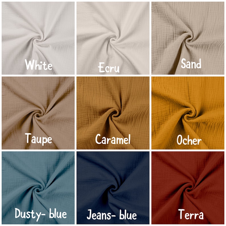 May include: Nine fabric swatches in different colors, including white, ecru, sand, taupe, caramel, ocher, dusty blue, jeans blue, and terra.