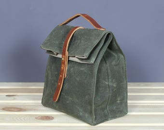 Waxed canvas lunch bag personalized vintage box old food school picnic bag snack zero waste reusable tote leather cotton engraved olive