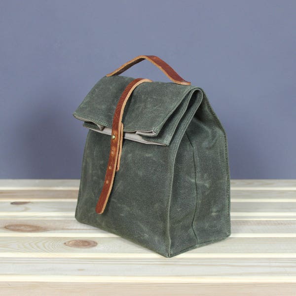 Waxed canvas lunch bag personalized vintage box old food school picnic bag snack zero waste reusable tote leather cotton engraved olive
