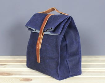 Lunch bag, vintage box waxed canvas, old food school picnic bag, snack zero waste reusable tote leather blue cotton personalized