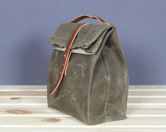 Monogrammed waxed canvas leather lunch bag box, School Picnic, Snack Food, Vintage Old Brown, zero waste reusable bag