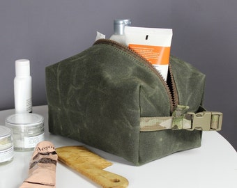 Waxed canvas dopp kit, toiletry bag, groomsman gift, fathers day gift for him dad man husband, shaving travel kit pouch