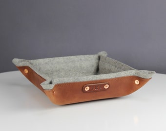 7th year wedding anniversary wool copper gift, Personalized leather catch all valet tray gift for man woman him her husband wife