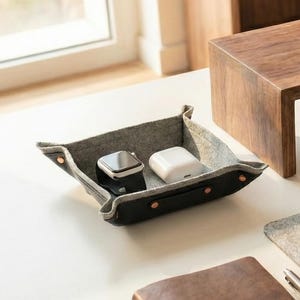 Copper and wool wedding anniversary gift, 7th year personalized leather catch all valet tray for him and husband