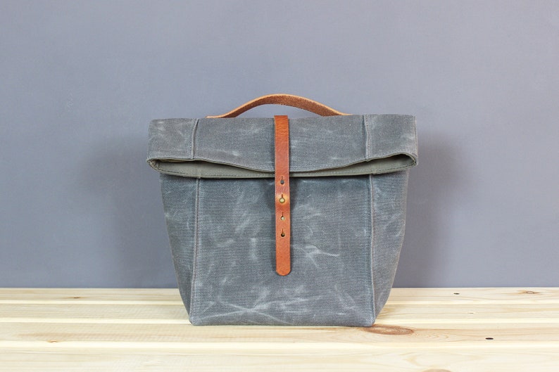 Personalized Waxed canvas lunch bag, Canvas lunch box, School lunch bag, Picnic bag, Snack bag, Food bag, Food sack, Vintage lunch bag, Gray Gray