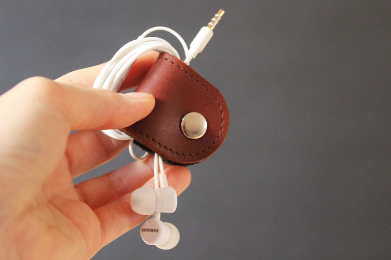Leather Cable Organizer, Earbud Cord Holder, Felt Wire Management Snaps, Tech Gift for Men, Headphone Wrap, Travel Cable Keeper image 2