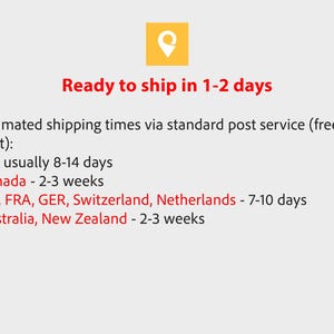 May include: A graphic display featuring a yellow square icon with a white location pin symbol. Below the icon, red text reads Ready to ship in 1-2 days. Additional black text lists estimated shipping times for the US, Canada, UK, France, Germany, Switzerland, the Netherlands, Australia, and New Zealand.