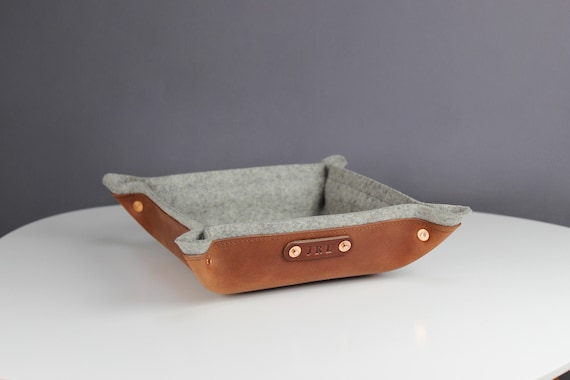 7th year wedding anniversary wool copper gift, Personalized leather catch all valet tray gift for man woman him her husband wife