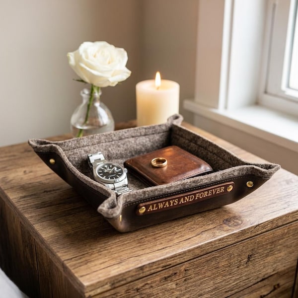 Benutzerdefinierte 3. Jahrestag Geschenk für ihn, personalisiertes Leder Valet Tablett für Ehemann, 3-jähriger Hochzeitstag, Leder Catchall Ringschale