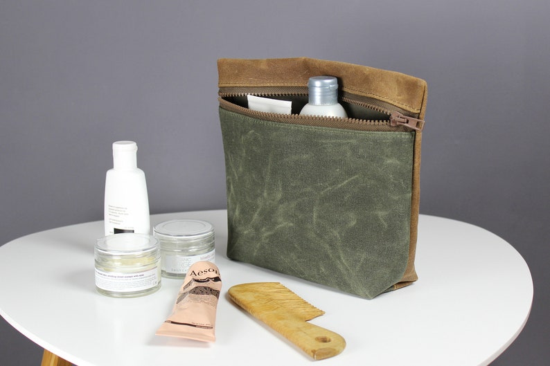Waxed Canvas Dopp kit, Toiletry Wash Bag, Makeup Bag, Cosmetic Case, Cable Case, Zipper Gray Pouch, Canvas Clutch, Wallet Zip Pouch image 2