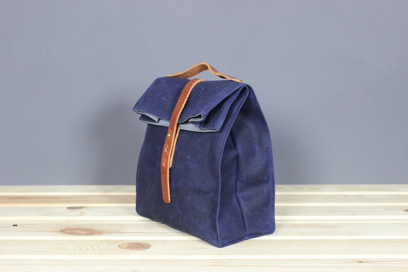 Personalized Waxed canvas lunch bag, Canvas lunch box, School lunch bag, Picnic bag, Snack bag, Food bag, Food sack, Vintage lunch bag, Gray Blue
