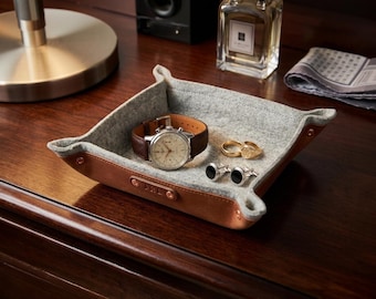 Personalized Leather Watch Tray, Mens Ring Dish, Wool Felt Jewelry Catchall, Groom Gift from Bride, Custom Dresser Organizer for Him