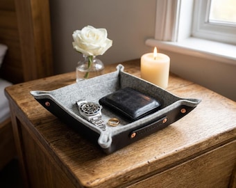 Personalized 7th Anniversary Gift for Husband, Copper and Wool Leather Valet Tray, 7 Year Wedding Nightstand Organizer, Men's Catchall
