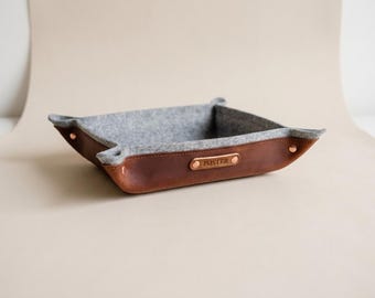 Copper and Wool 7th Anniversary Gift for Him, Personalized Leather Valet Tray Catchall, 3rd Wedding Anniversary for Husband
