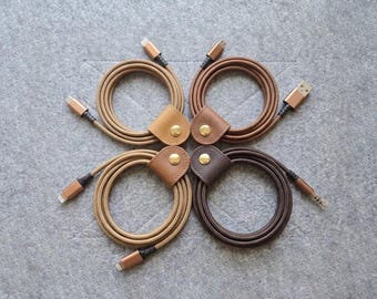 Leather Cable Organizer, Earbud Cord Holder, Felt Wire Management Snaps, Tech Gift for Men, Headphone Wrap, Travel Cable Keeper