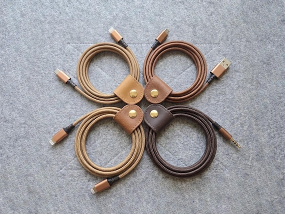 Leather Cable Organizer, Earbud Cord Holder, Felt Wire Management Snaps, Tech Gift for Men, Headphone Wrap, Travel Cable Keeper