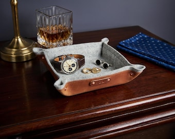 Copper 7th year wedding anniversary personalized gift, leather valet tray with wool for man and husband