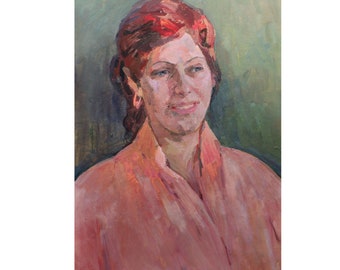 Dipinto a olio originale d'epoca, Ritratto femminile dell'artista ucraino M.Borymchuk, anni '70, Ritratto di una donna, Ritratto murale, Dipinto di ritratto