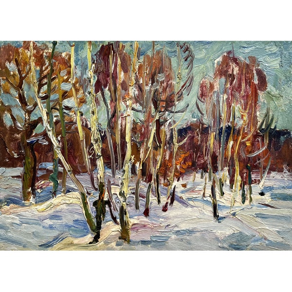 Vintage impressionist original oil painting Winter forest landscape by Ukrainian artist M.Borymchuk 1976 Snow, Birch trees, Nature, Wall art