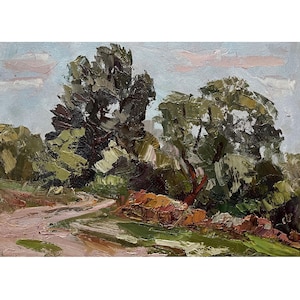 Vintage original oil painting by Ukrainian artist by I.Hapochenko 1990s, Wall art, Landscape, Road, Trees, Woodland scenery, Nature painting
