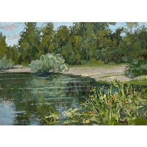 Vintage original oil painting Summer river landscape by Ukraine artist K.Zaruba 1960s, Wall art, Trees on river bank, Beach, Nature painting