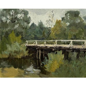 Vintage original oil painting River landscape by Ukraine artist O.Basanets, 1987, Trees, Bridge, River bank, Riverscape, Painted from nature