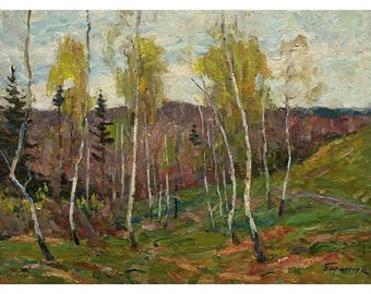 Dipinto a olio originale d'epoca Paesaggio primaverile dell'artista ucraino M.Borymchuk, anni '70, Foresta, Betulle, Paesaggio boschivo, Arte murale naturalistica
