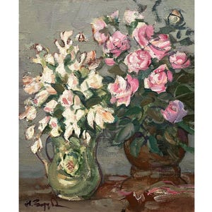 Vintage original oil painting on canvas Roses still life by Ukraine artist N.Zaruba, 1970s, Wall art, Flowers in a vase, Still life painting