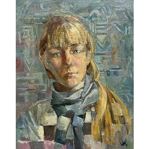 Vintage original oil painting Portrait of a girl by Ukrainian artist V.V.Kolesnik 1980s, Wall art work, Portrait of a woman, Female portrait